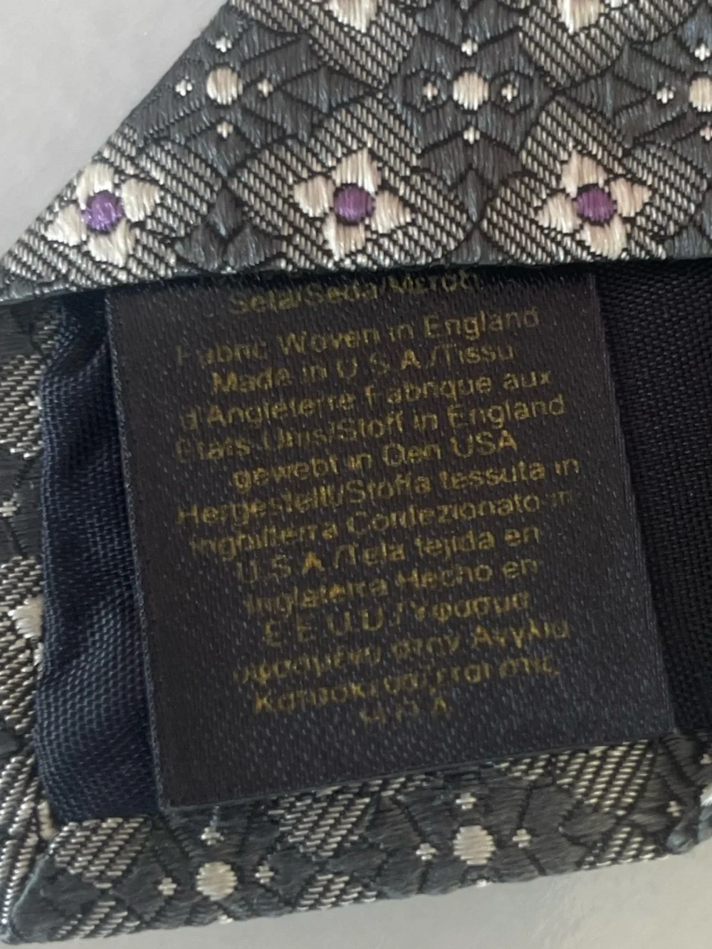 NWT Brooks Brothers Silk Gray and Purple Tie with Geometric Floral-Type Pattern